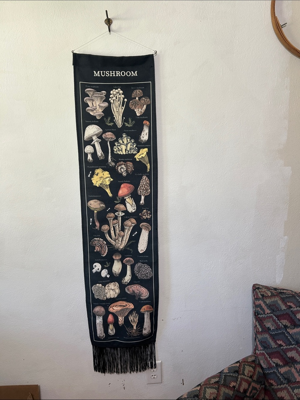 Mushroom Wall Tapestry Banner - Black with Multicolor Illustration